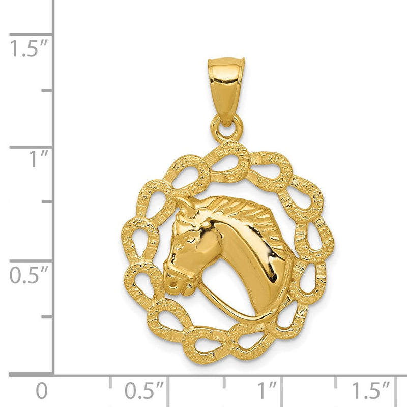 14k Yellow Gold Horse Head and Horseshoe Wreath Pendant, 24mm
