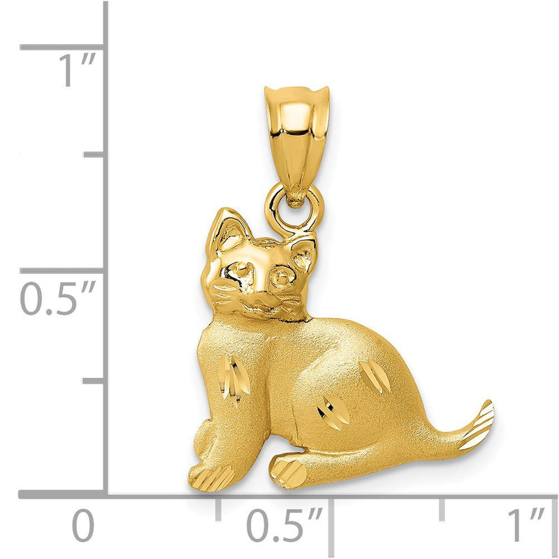 14k Yellow Gold Satin and Polished, Diamond Cut Cat Pendant