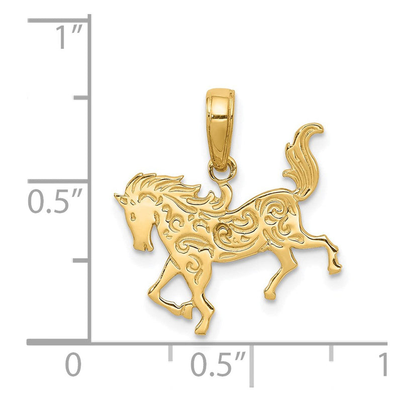 14k Yellow Gold Ornate Horse Pendant, 17mm