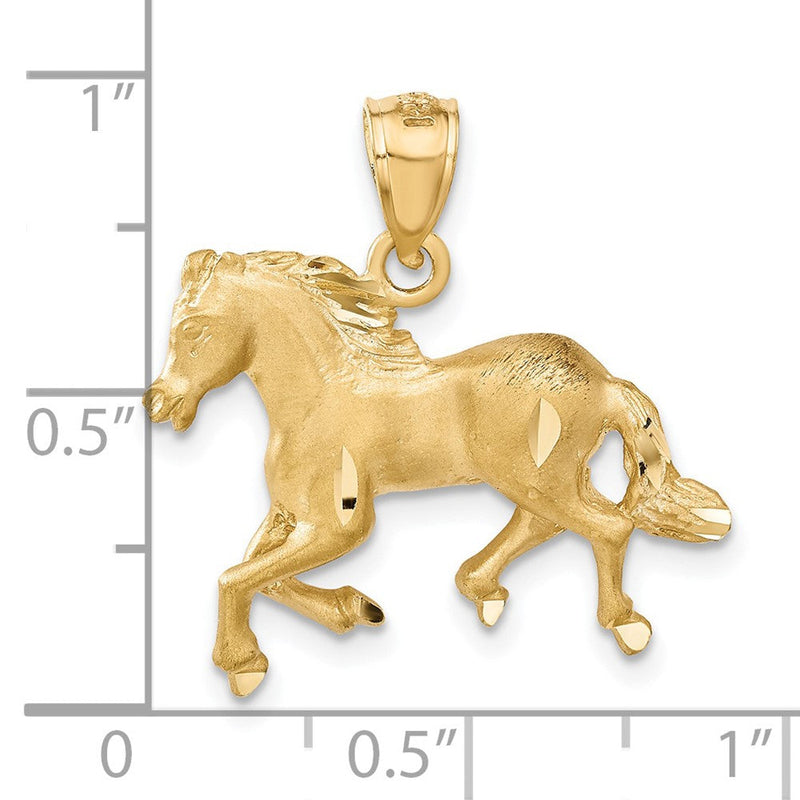 14k Yellow Gold Satin and Diamond Cut Horse Pendant, 22mm