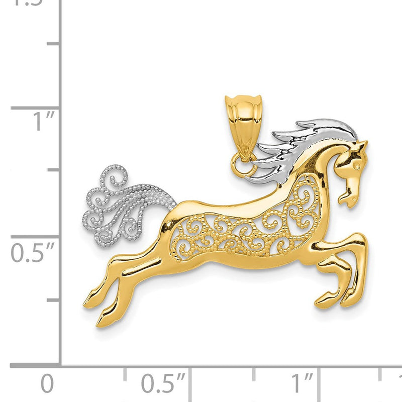 14k Yellow Gold and White Rhodium Two Tone Filigree Horse Pendant