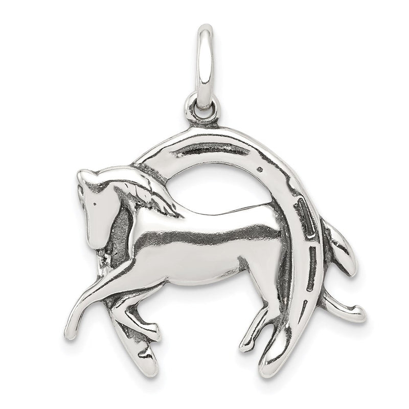 Sterling Silver Antiqued 3D Horse and Horseshoe Pendant