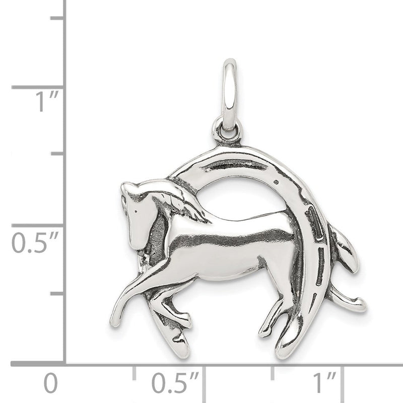 Sterling Silver Antiqued 3D Horse and Horseshoe Pendant