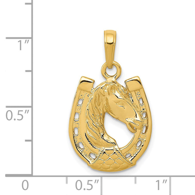 14k White or Yellow Gold Horse Head and Horseshoe Pendant, 15mm