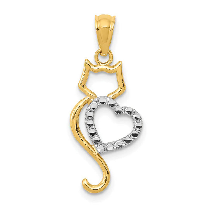 14k Two Tone Gold Cat and Heart Silhouette Pendant, 11 x 26mm