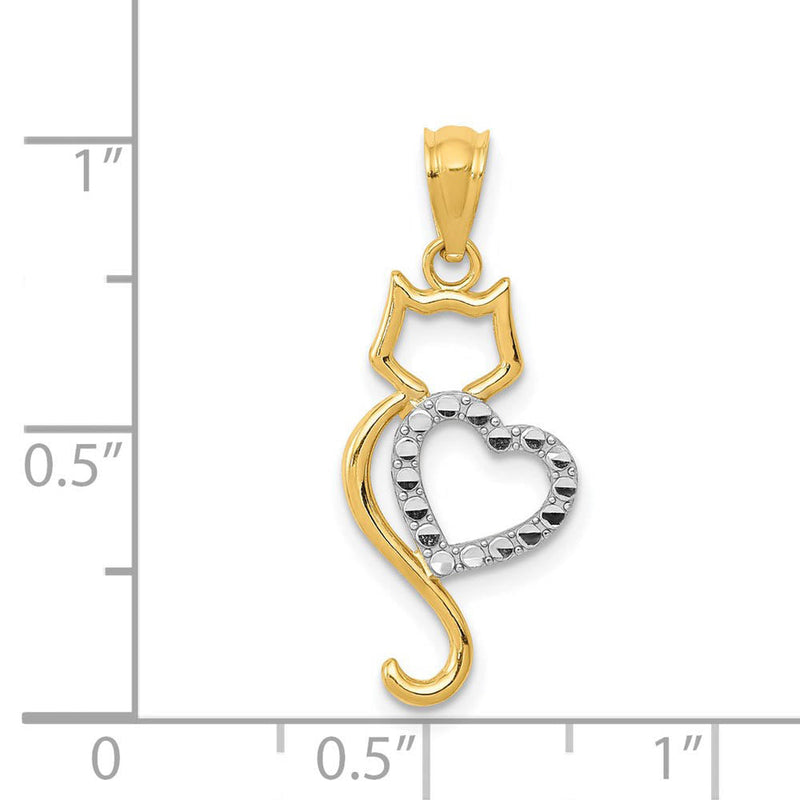 14k Two Tone Gold Cat and Heart Silhouette Pendant, 11 x 26mm