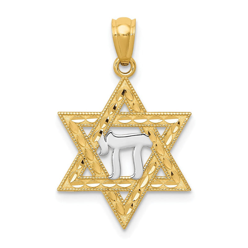 14k Yellow Gold & Rhodium D/C Star of David & Chai Pendant, 16mm