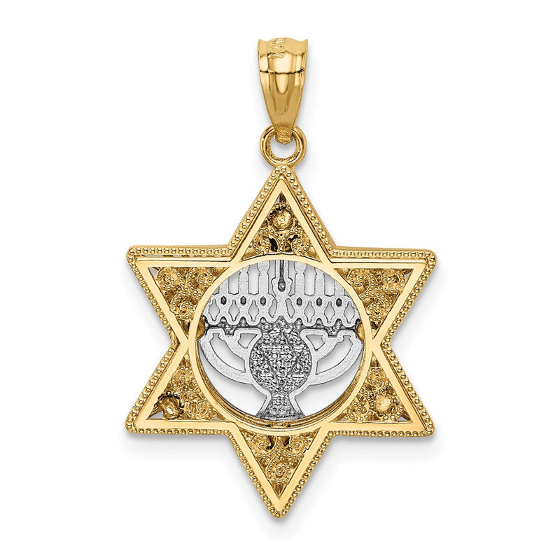 14k Two Tone Gold 3D Star of David & Menorah Pendant, 17 x 27mm