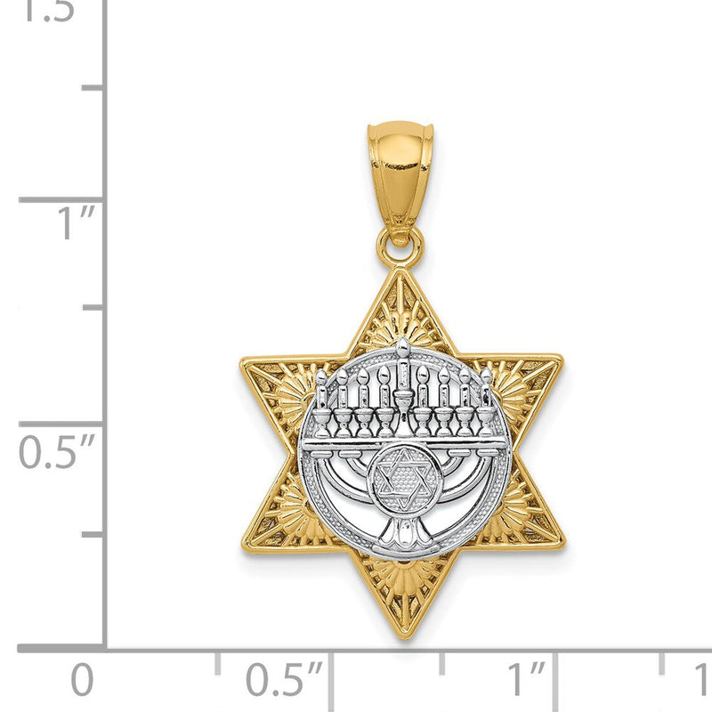 14k Two Tone Gold 3D Star of David & Menorah Pendant, 17 x 27mm