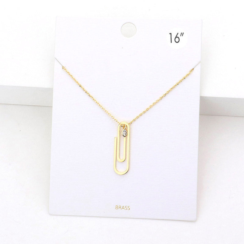 Brass Metal Paperclip Round Stone Pendant Necklace