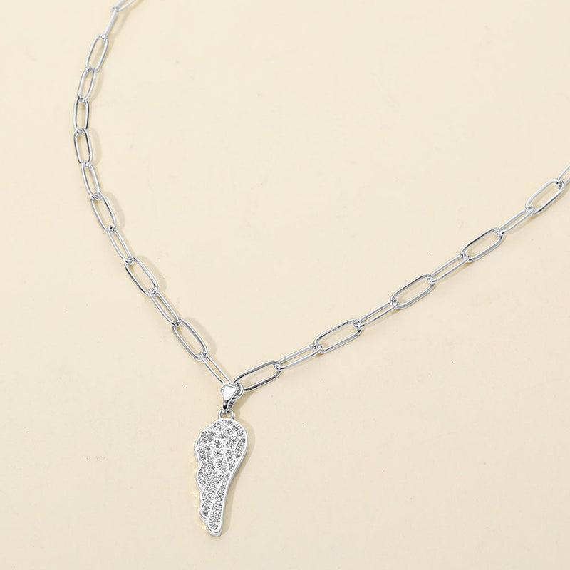 Stainless Steel CZ Stone Paved Angel Wing Pendant Paperclip Chain Necklace