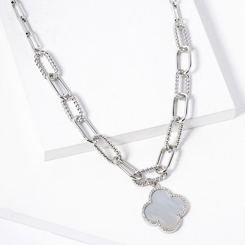 White Gold Dipped Quatrefoil Pendant Paperclip Chain Necklace