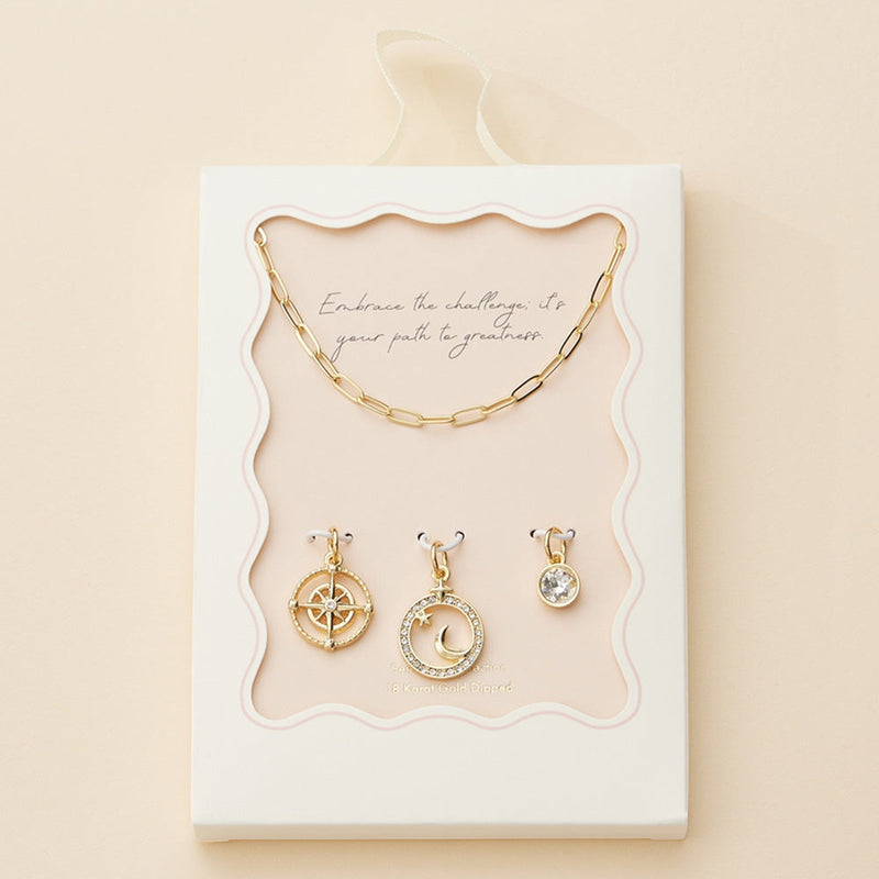 Semi Fine Collection - 18K Gold Dipped Brass Metal Stone Paved Star Moon Compass Stone Charm Pendant Paperclip Chain Necklace