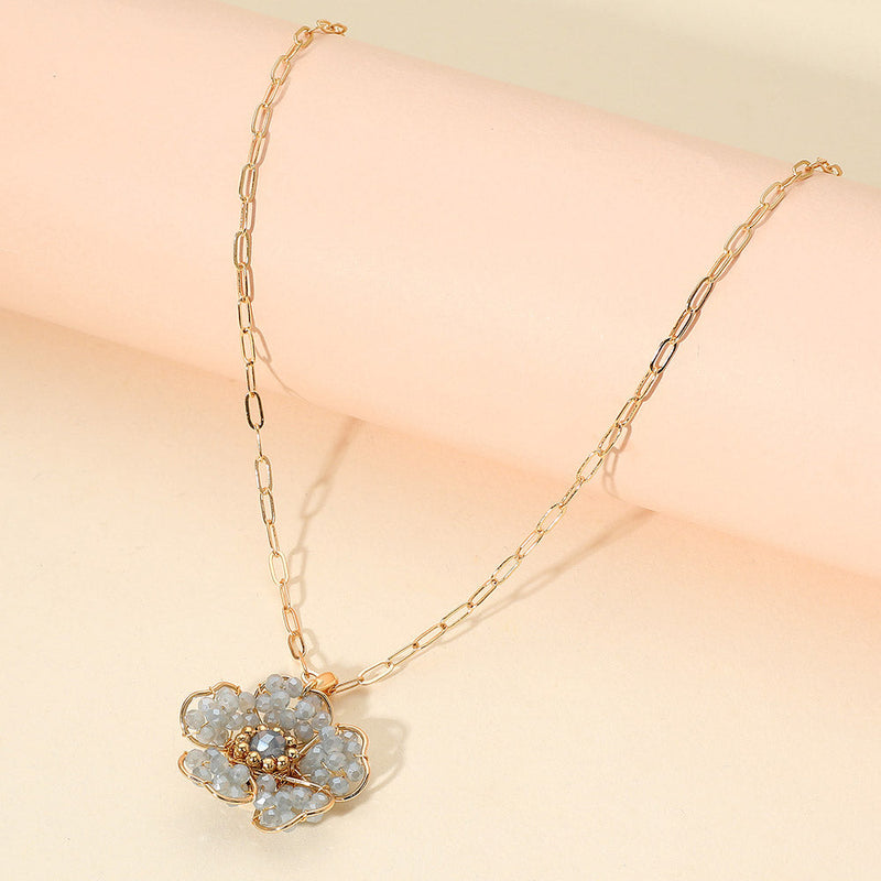 Beaded Flower Pendant Paperclip Chain Necklace