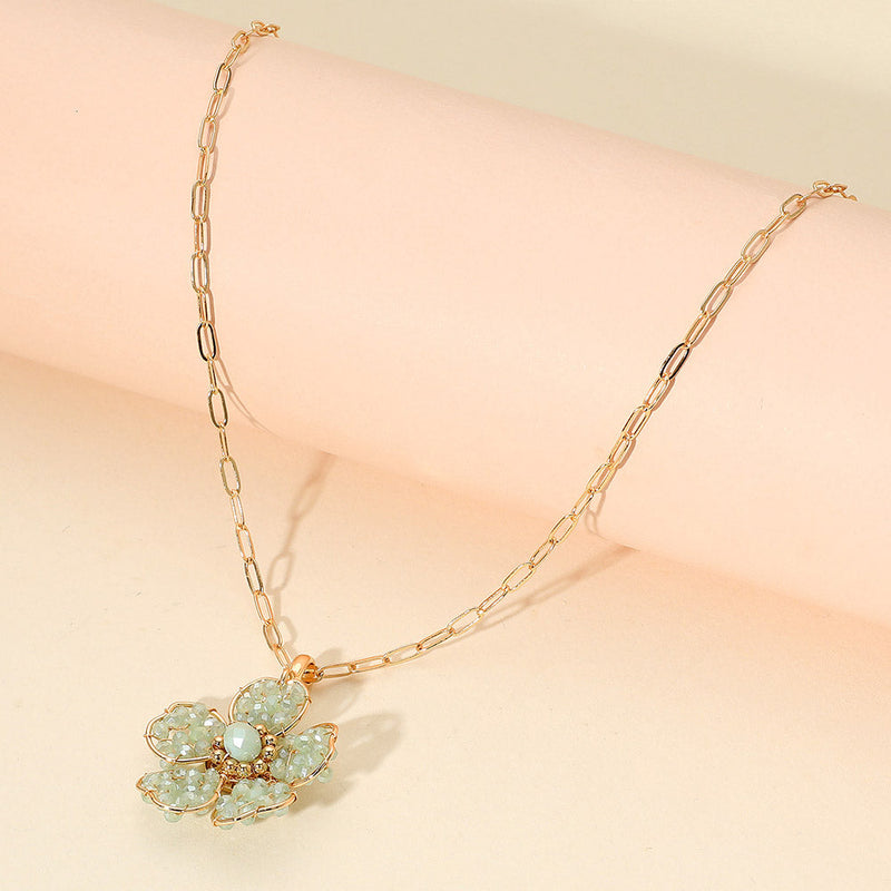 Beaded Flower Pendant Paperclip Chain Necklace