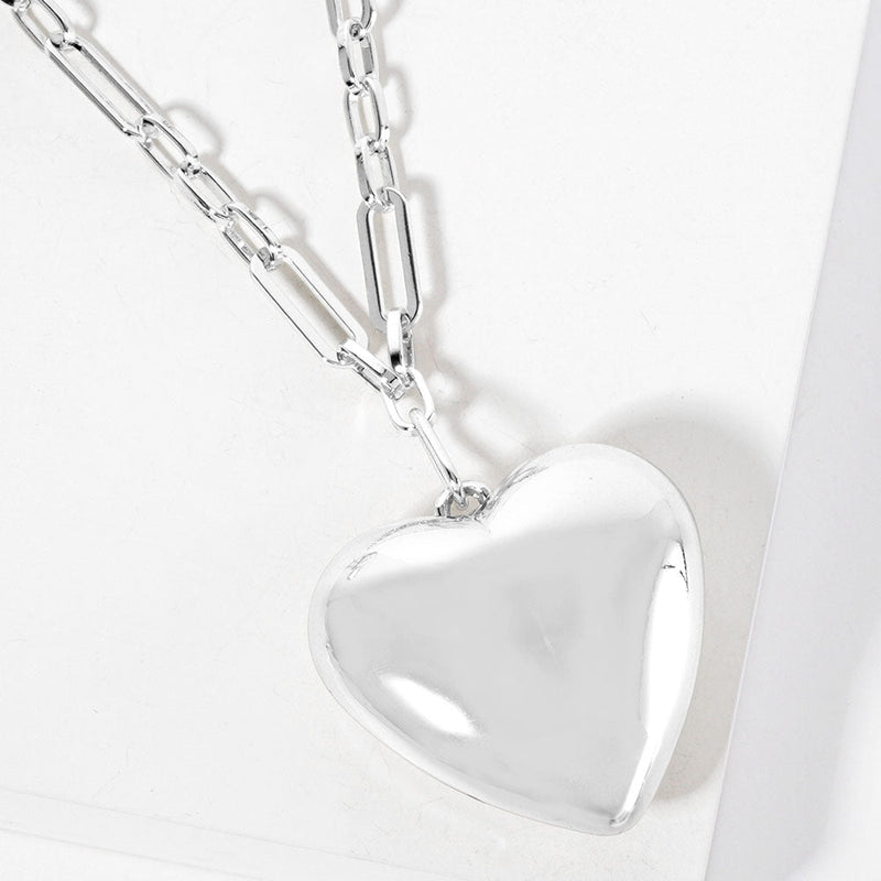Gold Dipped Bold Puffy Heart Pendant Paperclip Link Chain Necklace