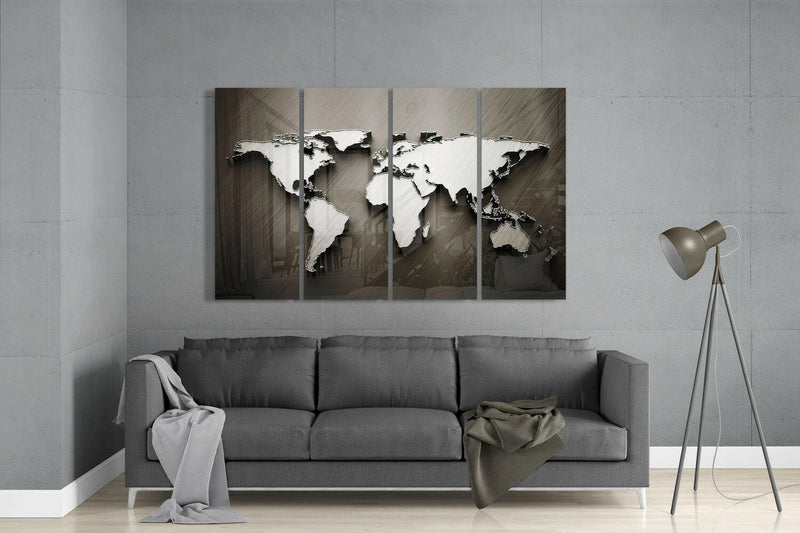 World Map 4 Pieces Mega Glass Wall Art (59"x36")