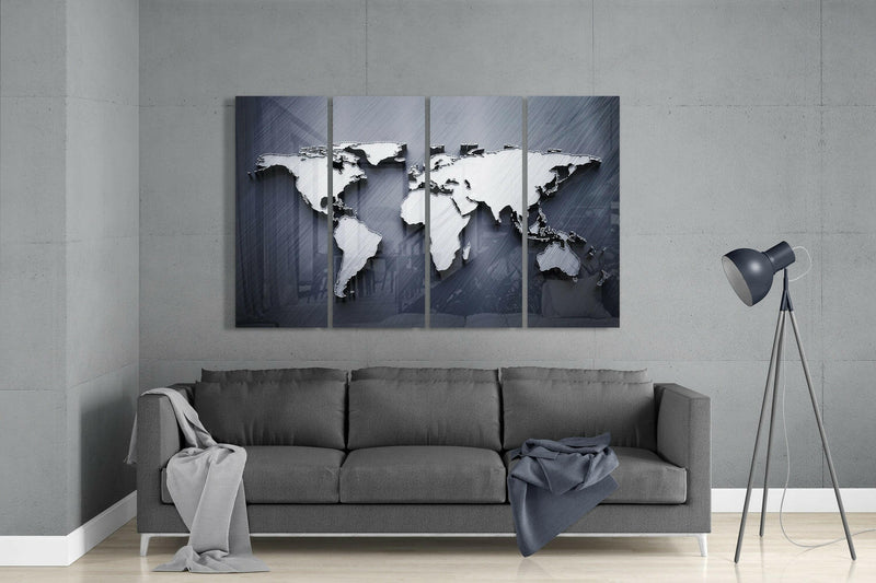 World Map 4 Pieces Mega Glass Wall Art (59"x36")