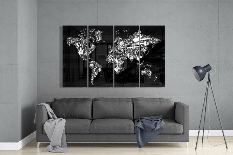 World Map 4 Pieces Mega Glass Wall Art (59"x36")