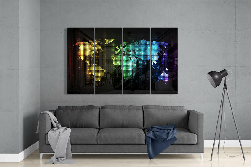 World Map 4 Pieces Mega Glass Wall Art (59"x36")