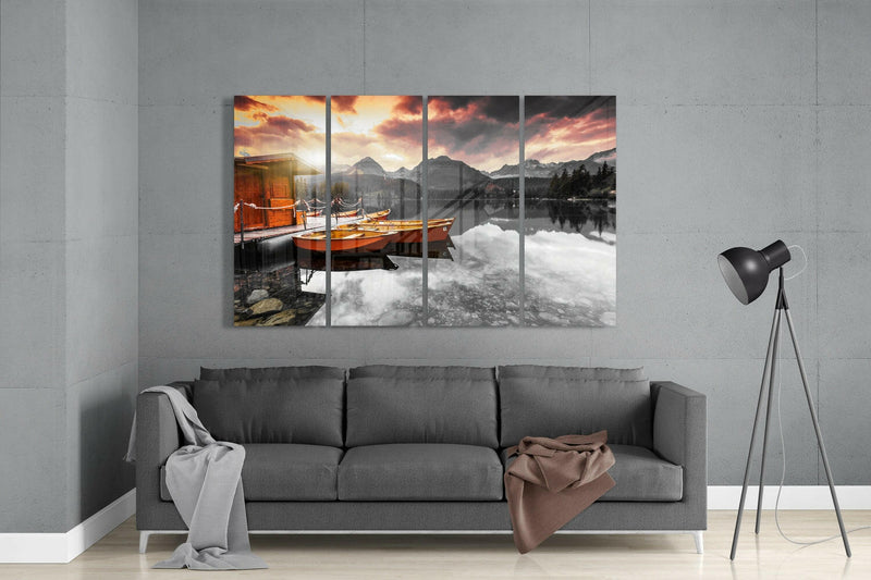 Sunset and Boats 4 Pieces Mega Glass Wall Art (59"x36")
