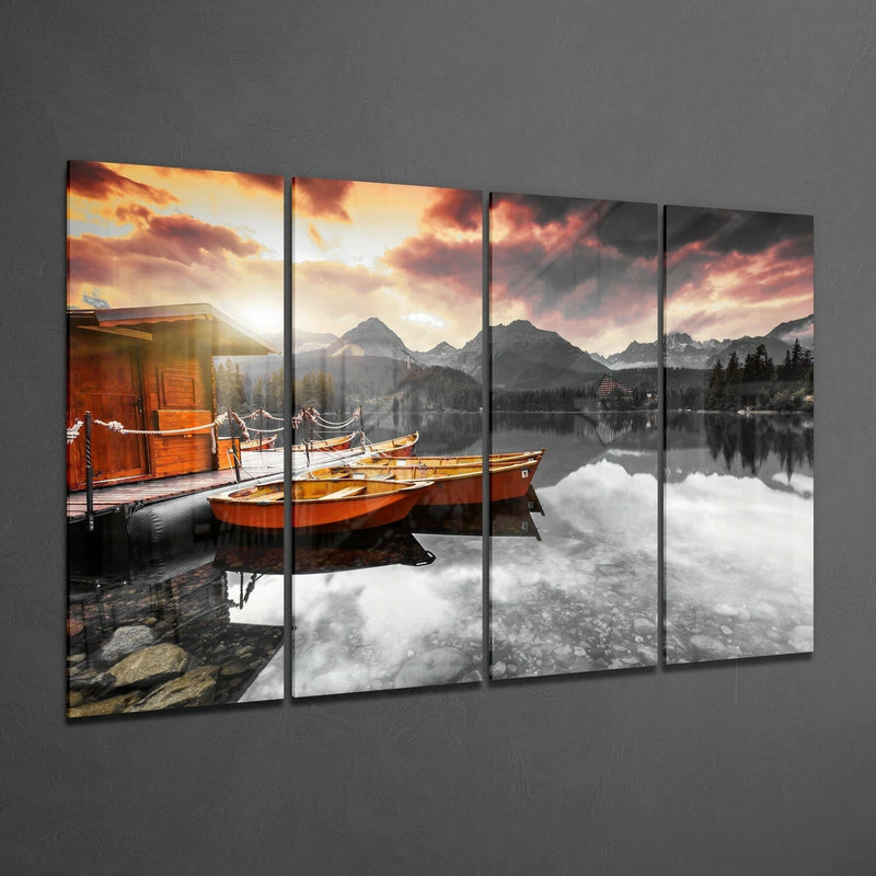 Sunset and Boats 4 Pieces Mega Glass Wall Art (59"x36")