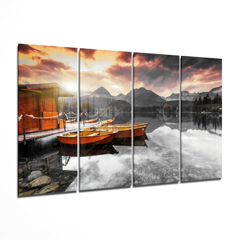 Sunset and Boats 4 Pieces Mega Glass Wall Art (59"x36")