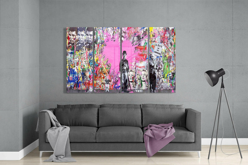 Charlie, Einstein and Banksy 4 Pieces Mega Glass Wall Art (59"x36")