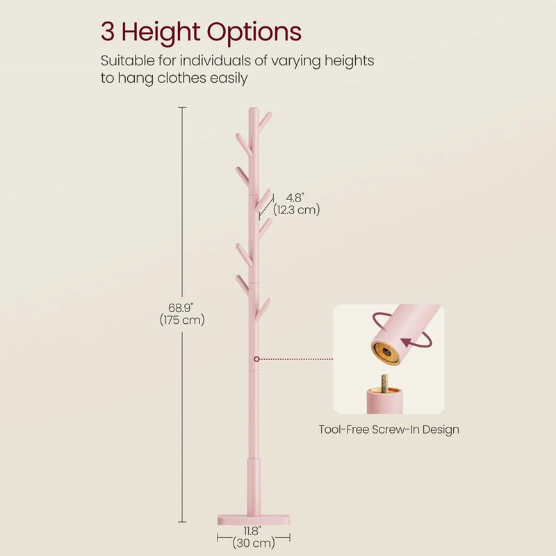 Modern Solid Wood Coat Rack Entryway Hall Tree Hat Stand in Pink