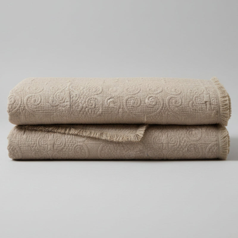 DaDa Bedding Elegant Fringed Cotton Quilted Throw Blanket - Luxurious Solid Soft Paisley Pattern, Cozy Lightweight Lap Throw, Perfect for Couch or Bed, Neutral Sandy Taupe Tan Beige, 50x60 Inches