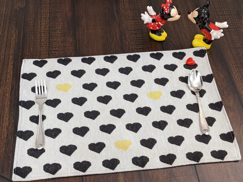 DaDa Bedding Set of 4-Pieces Valentine's day Yellow & Black Hearts Tapestry Dining Table Placemats 13” x 19” (18113)