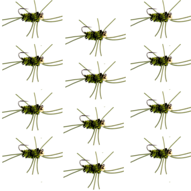 Pat's Rubber Legs Tungsten Jig Black/Olive Euro Nymph 12 Flies Size 10