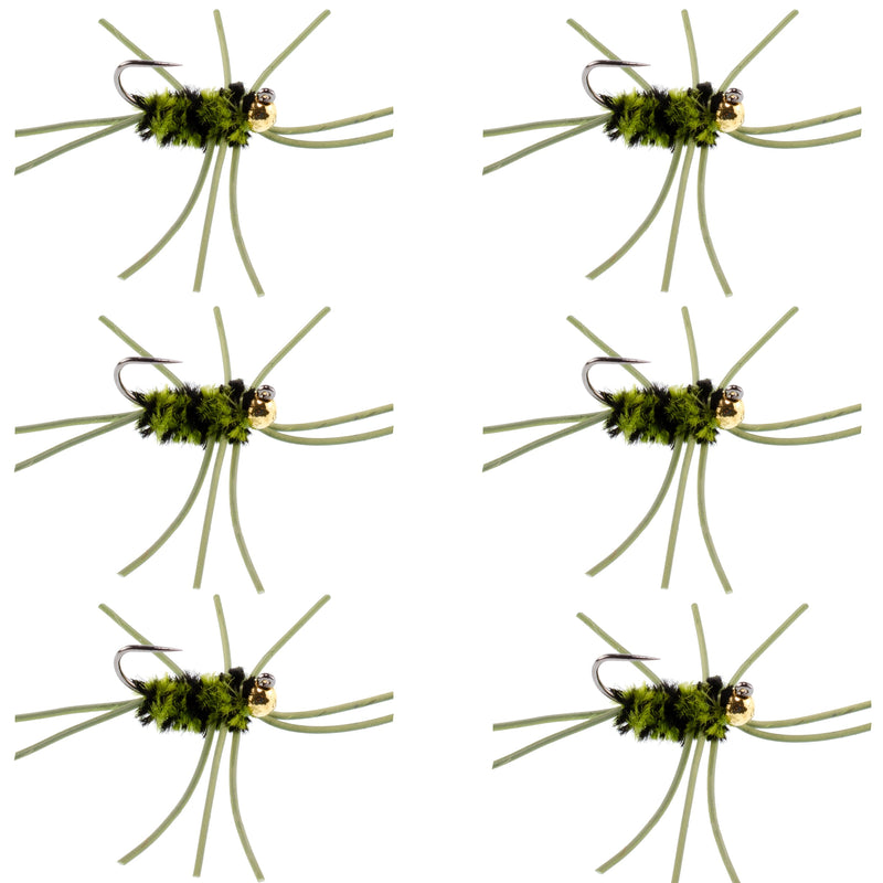 Barbless Pat's Rubber Legs Tungsten Bead Jigged  Olive/Black Euro Nymph  - Set of 6 Flies Hook Size 10