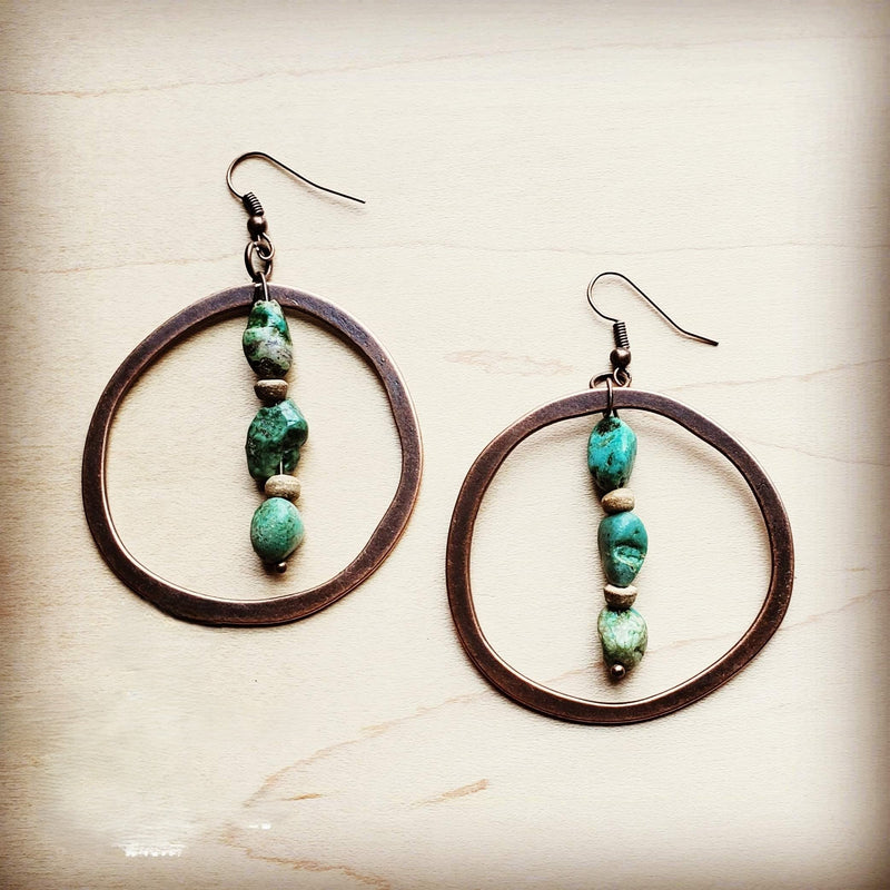 Copper Hoop Earrings in Natural Turquoise and Wood 201q