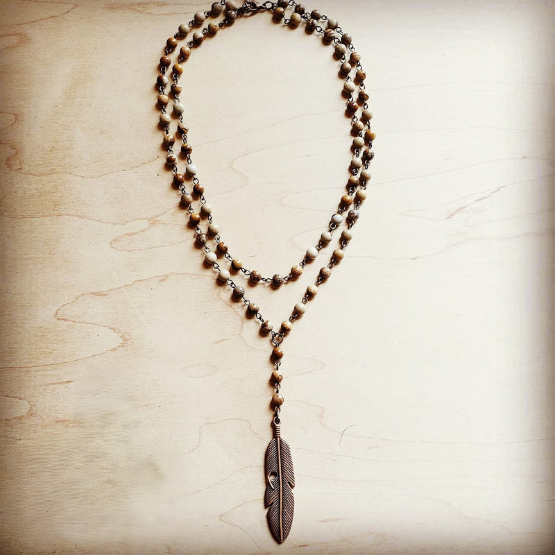 Double Strand Lariat Picture Jasper Necklace w/ Copper Feather 250u