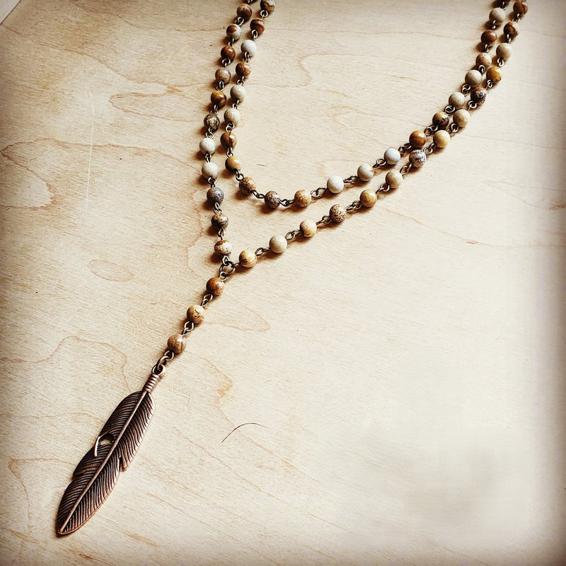 Double Strand Lariat Picture Jasper Necklace w/ Copper Feather 250u