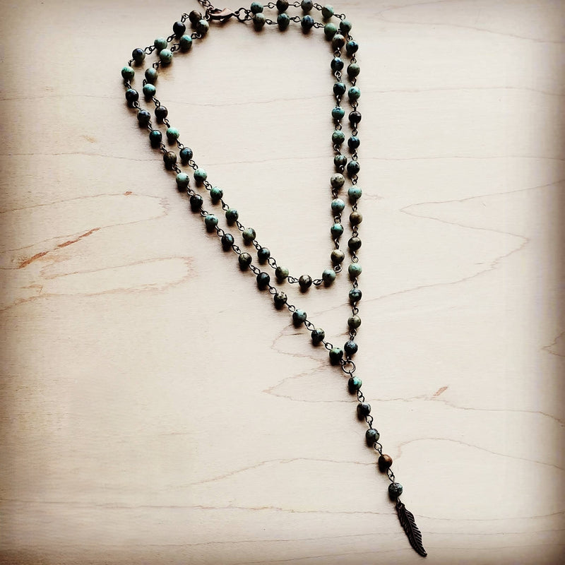 Double Strand Lariat African Turquoise Necklace w/ Copper Feather 251h