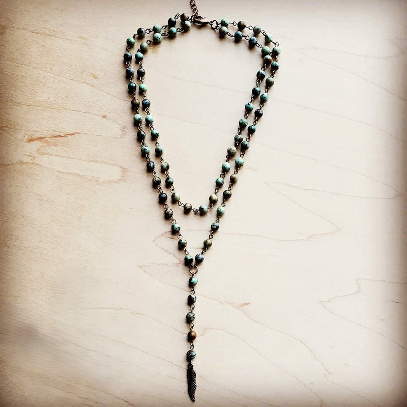 Double Strand Lariat African Turquoise Necklace w/ Copper Feather 251h