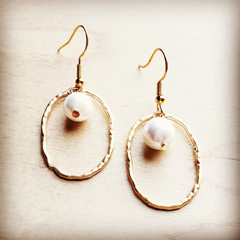 Matte Gold Hoop Earrings with Pearl Dangle 203s