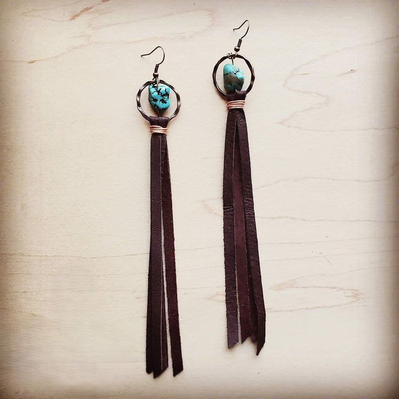 Turquoise Drop Earrings w/ Brown Leather Tassel 203z