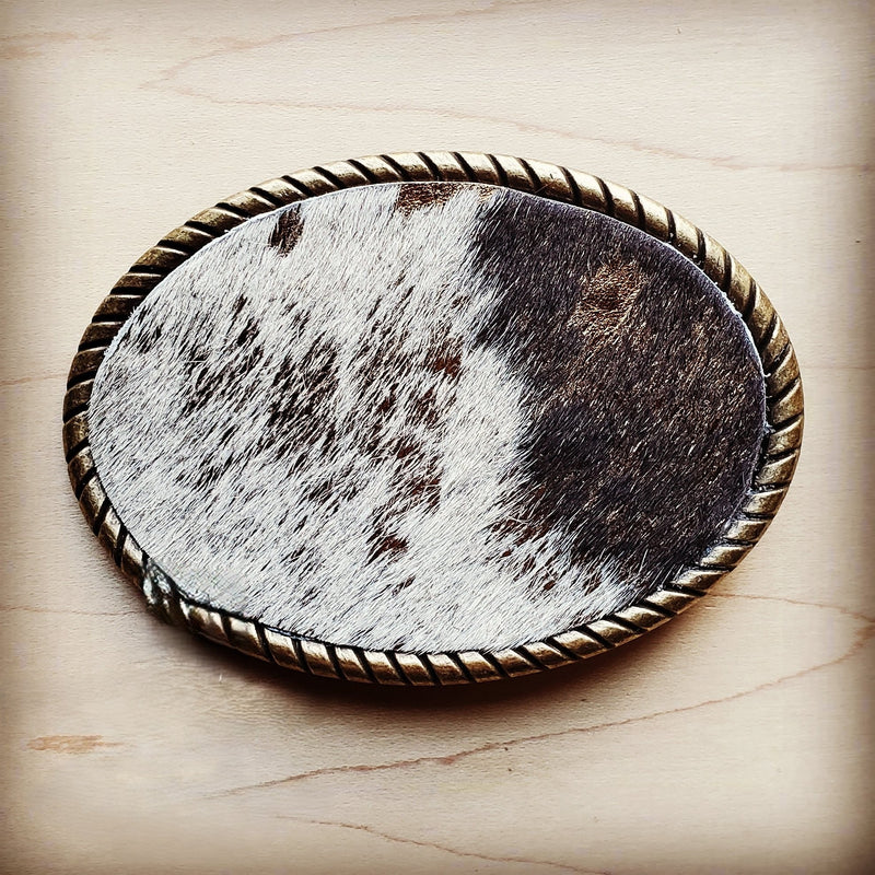 Rope Edge Mixed Metallic Hair on Hide Leather Belt Buckle 902c