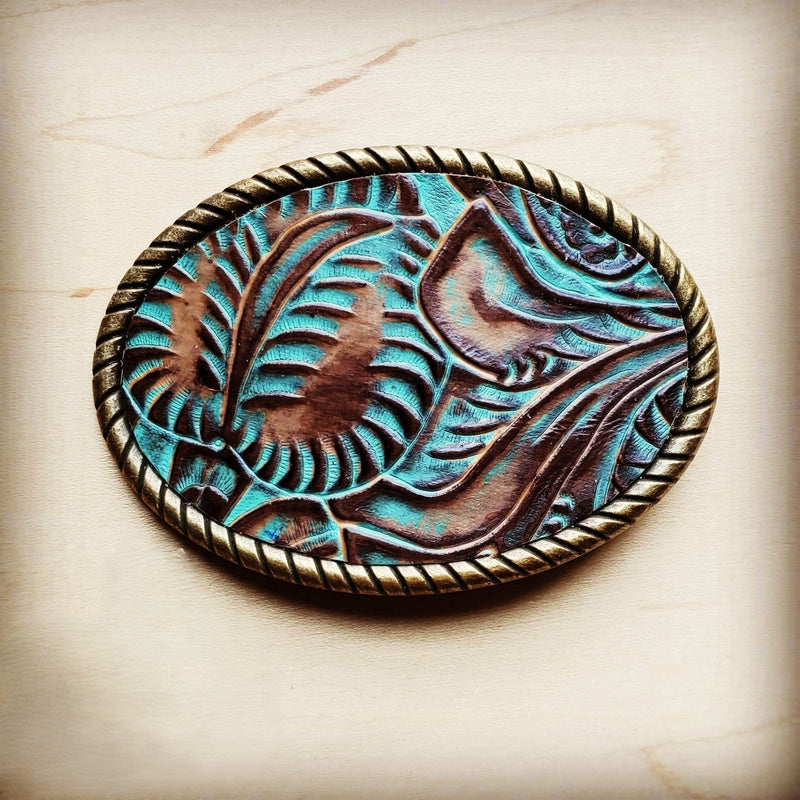 Rope Edge Turquoise Brown Floral Leather Belt Buckle 902L