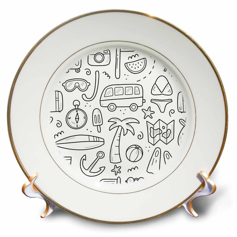 3dRose Black and White Summer Essentials Patter Prints - Plates (cp-362268)