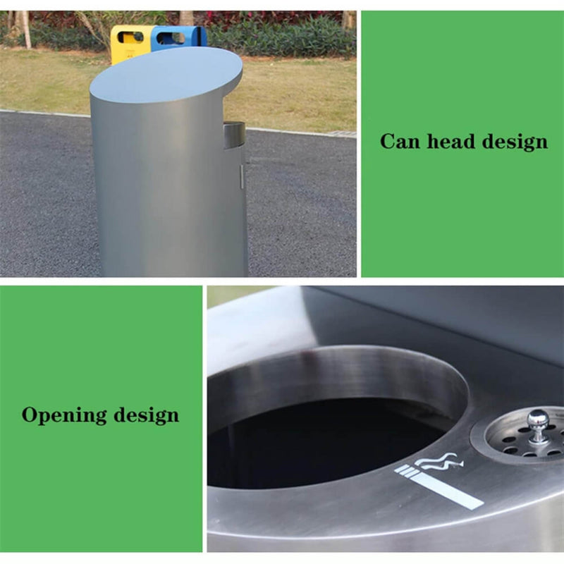 Premium Heavy-Duty Outdoor Semi-Open Commercial Cylindrical Stainless Steel Garbage Trash Can With Ash Tray (SAK45215)