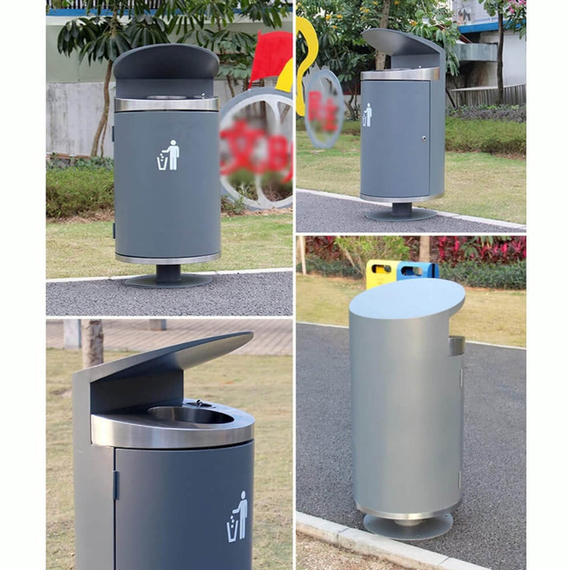 Premium Heavy-Duty Outdoor Semi-Open Commercial Cylindrical Stainless Steel Garbage Trash Can With Ash Tray (SAK45215)