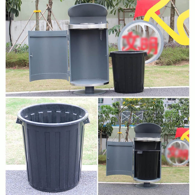 Premium Heavy-Duty Outdoor Semi-Open Commercial Cylindrical Stainless Steel Garbage Trash Can With Ash Tray (SAK45215)