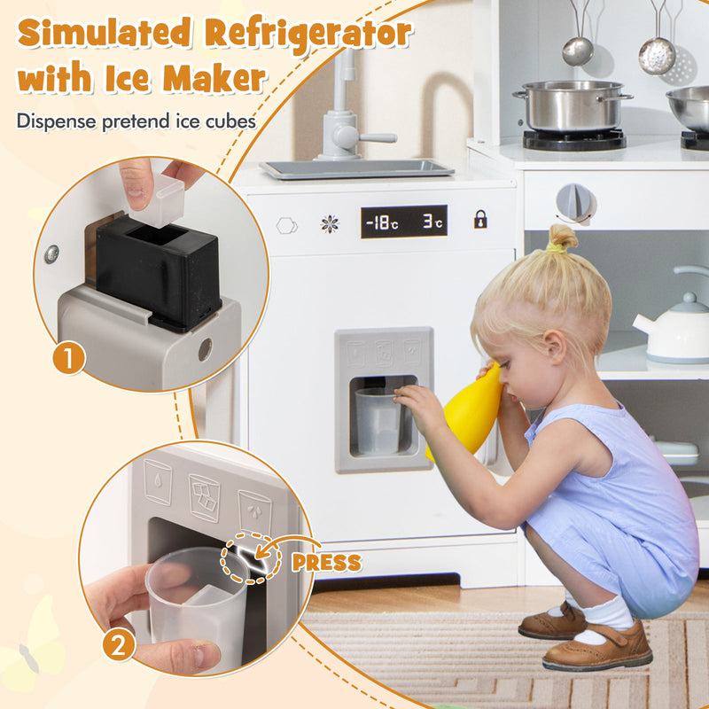 Pretend Play Kitchen Wooden Toy Set with Range Hood Real Sounds and Lights-White