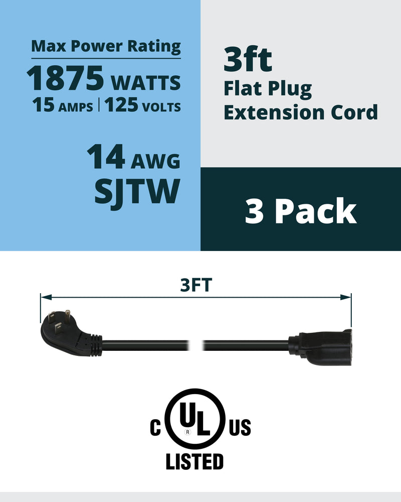 3ft Flat Plug Extension Cord – 14AWG, 3-Pack