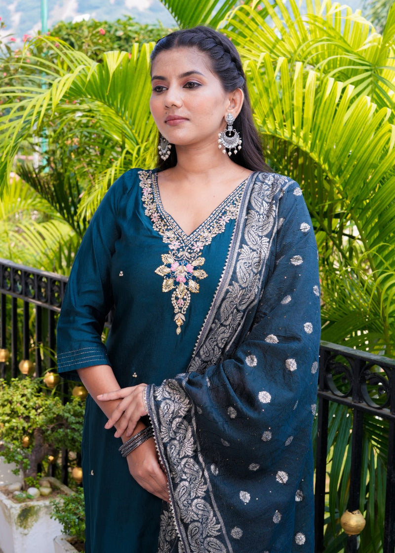 Silk Salwar Suit in Dark Green