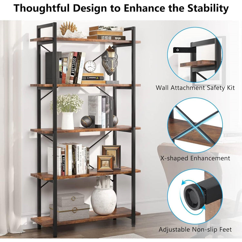 Modern Industrial 5-Shelf Bookcase with Sturdy Metal Frame and Wooden Shelves